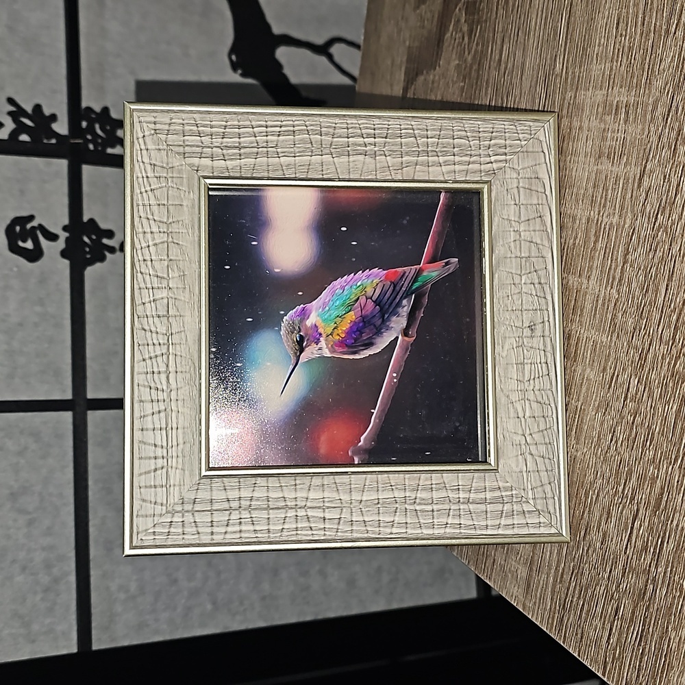 Framed 4x4 Hummingbird Fantasy Art Watercolor Oil Painting Print - Picture 1 of 11